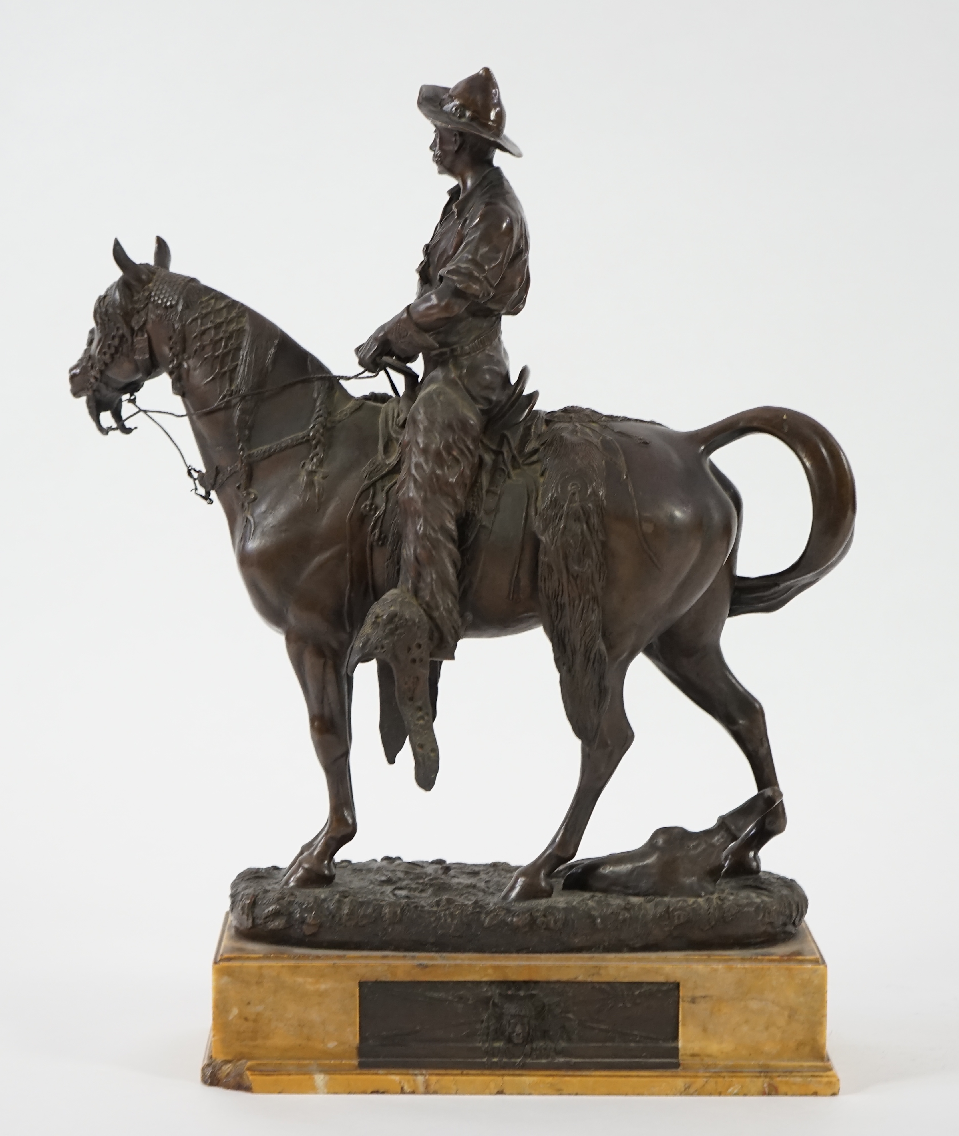Walter Winans (St. Petersburg, 1852-Parsloe Park, Essex, 1920), a cast bronze of the artist, as a cowboy, riding the Arab stallion Skowronek, 50cm wide, 66cm high, overall 79.5cm high